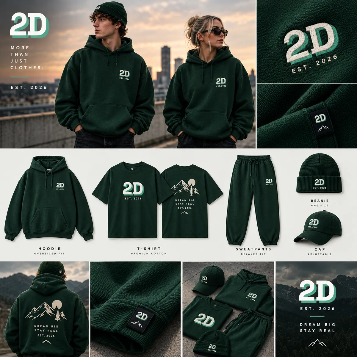 Entwurf der 2D-Kollektion: Hoodie, T-Shirt, Jogginghose, Beanie und Cap in Dunkelgrün mit hellem 2D-Zeichen.