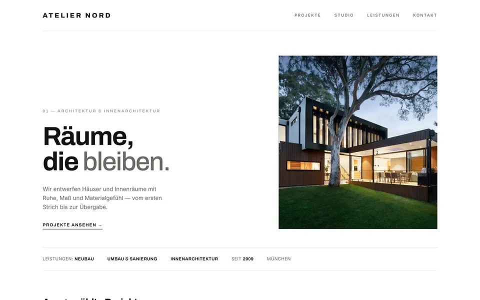 Muster-Website für ein Architekturbüro – hell, ruhig und minimalistisch.