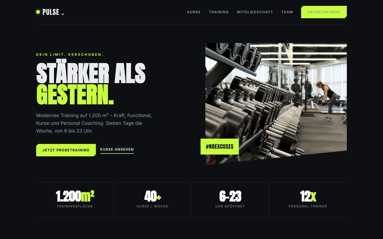 Muster-Website für ein Fitnessstudio – dunkel und kraftvoll.