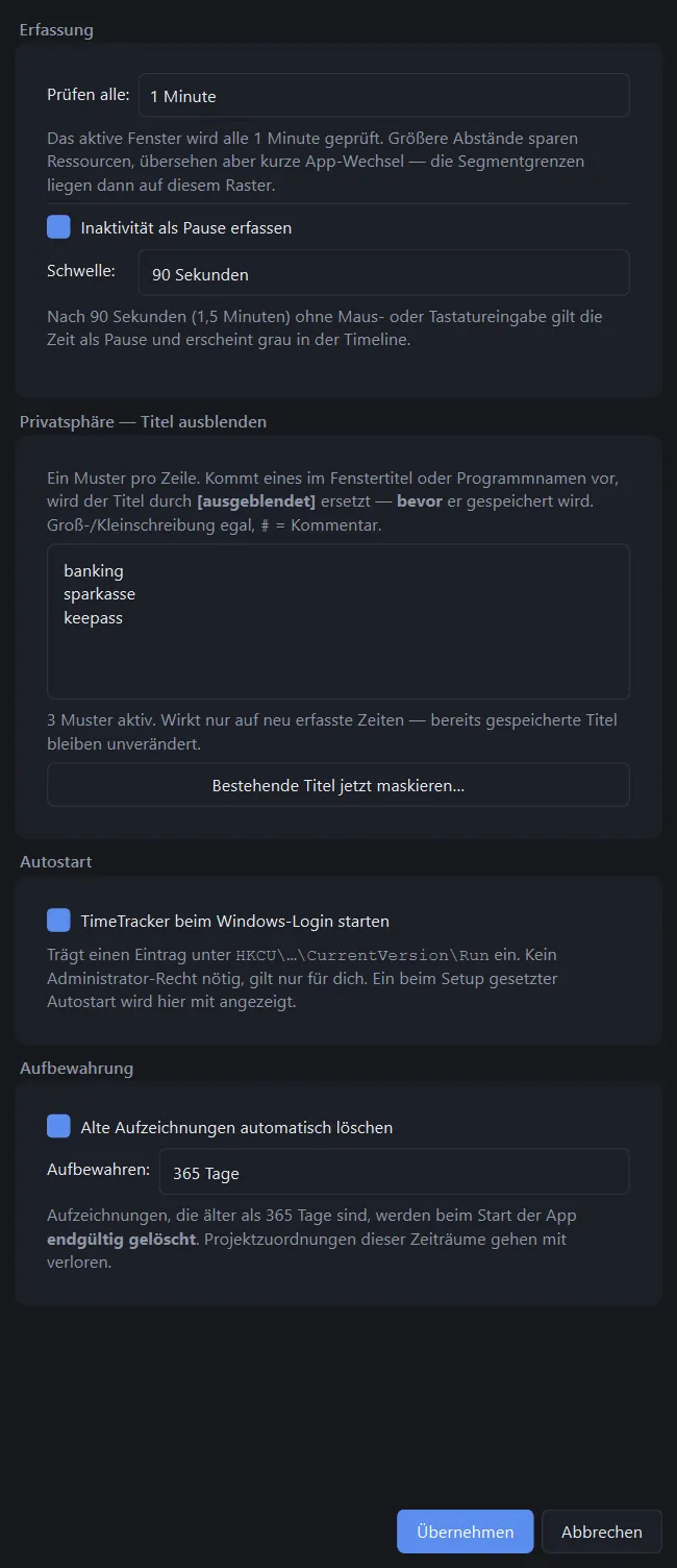 Einstellungen des TimeTrackers: Erfassungsintervall, Inaktivitätsschwelle, Muster zum Ausblenden sensibler Titel, Autostart und Aufbewahrung.
